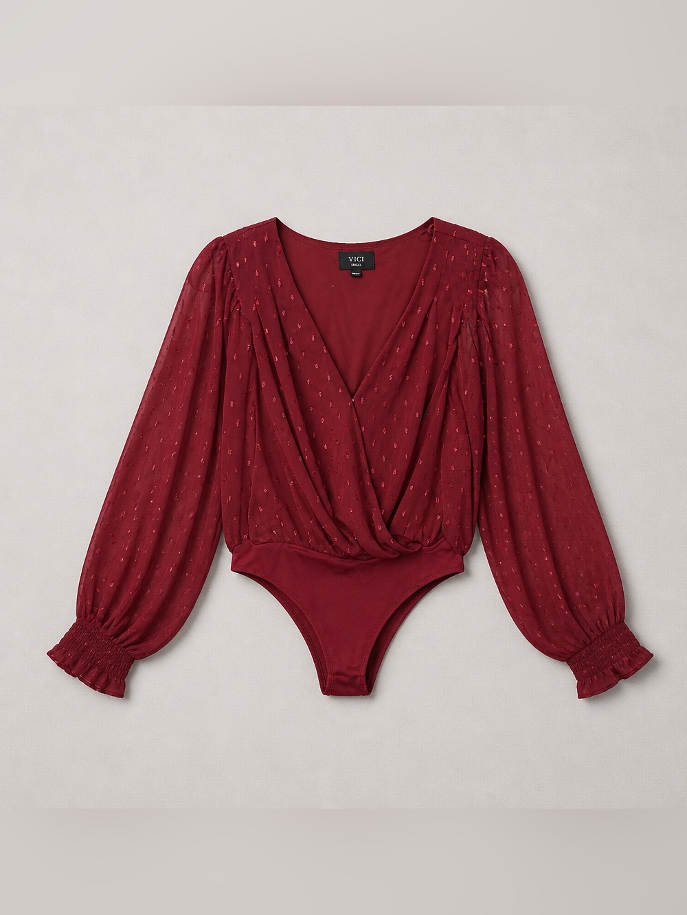 VICI Wine Red Puff-Sleeve Surplice Bodysuit